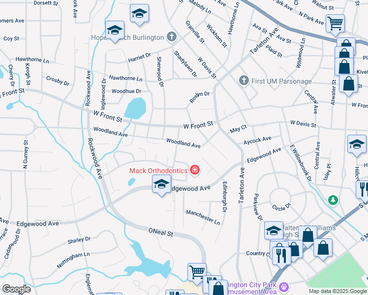 map of restaurants, bars, coffee shops, grocery stores, and more near 1622 Woodland Avenue in Burlington