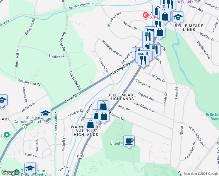 map of restaurants, bars, coffee shops, grocery stores, and more near 1040 Percy Warner Boulevard in Nashville