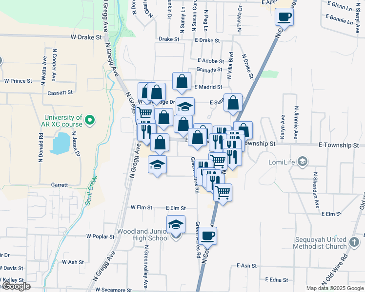 map of restaurants, bars, coffee shops, grocery stores, and more near 57 East Township Street in Fayetteville