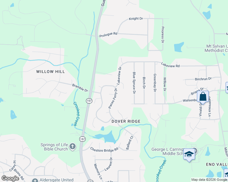 map of restaurants, bars, coffee shops, grocery stores, and more near 5007 Paces Ferry Drive in Durham