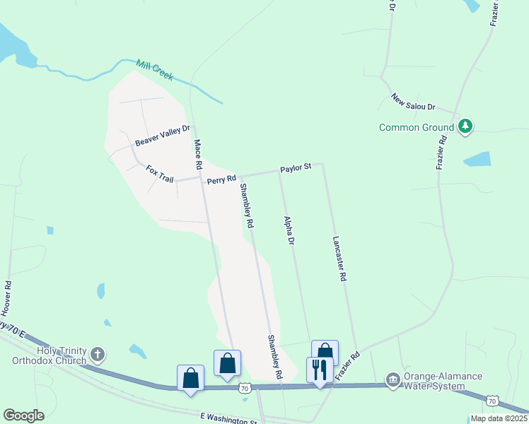 map of restaurants, bars, coffee shops, grocery stores, and more near 601 Shambley Road in Mebane