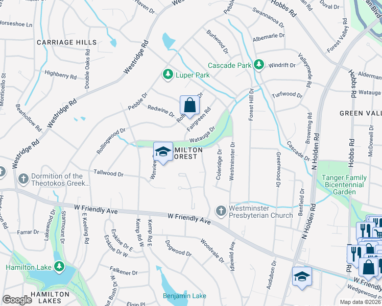 map of restaurants, bars, coffee shops, grocery stores, and more near 805 Seven Oaks Drive in Greensboro