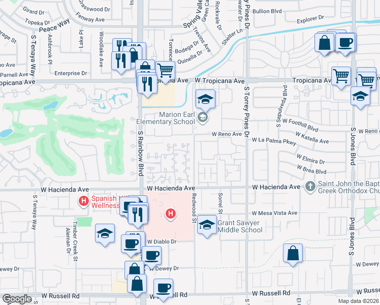 map of restaurants, bars, coffee shops, grocery stores, and more near 5250 South Rainbow Boulevard in Las Vegas