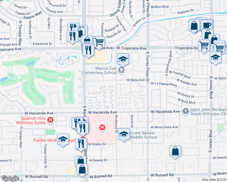 map of restaurants, bars, coffee shops, grocery stores, and more near 5209 Green Forest Way in Las Vegas