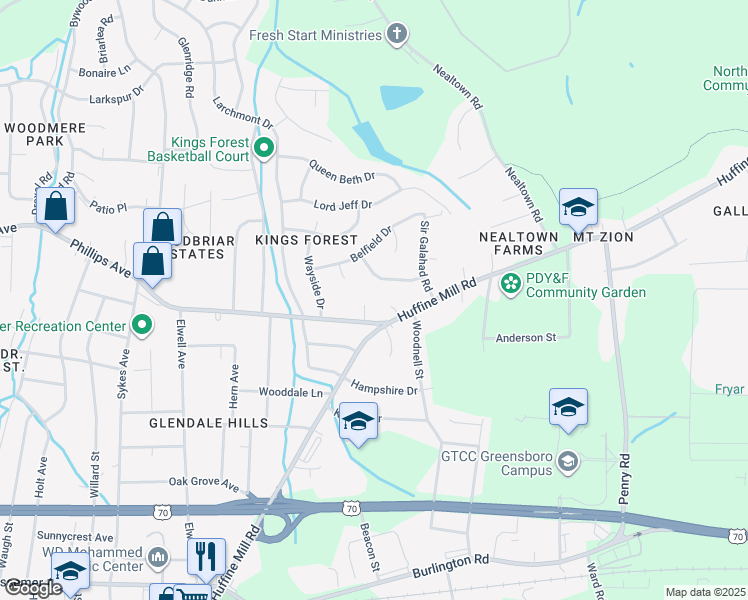 map of restaurants, bars, coffee shops, grocery stores, and more near 3005 Phillips Avenue in Greensboro