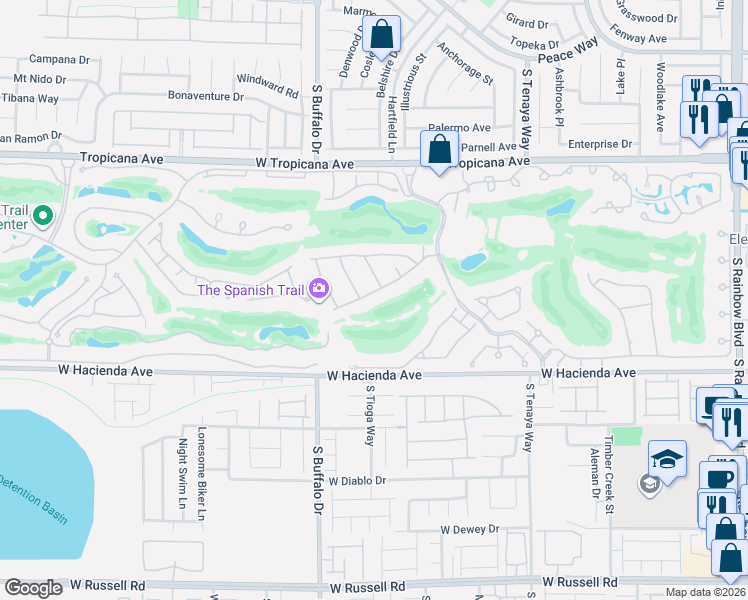 map of restaurants, bars, coffee shops, grocery stores, and more near 7715 Spanish Bay Drive in Las Vegas