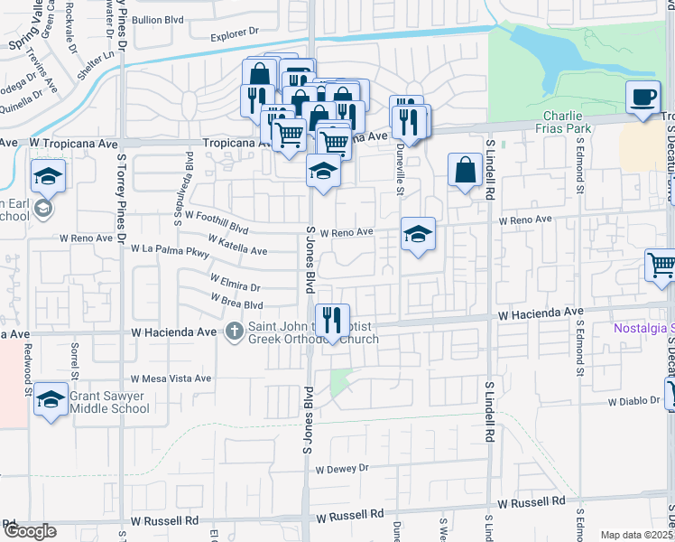 map of restaurants, bars, coffee shops, grocery stores, and more near 5118 South Jones Boulevard in Las Vegas