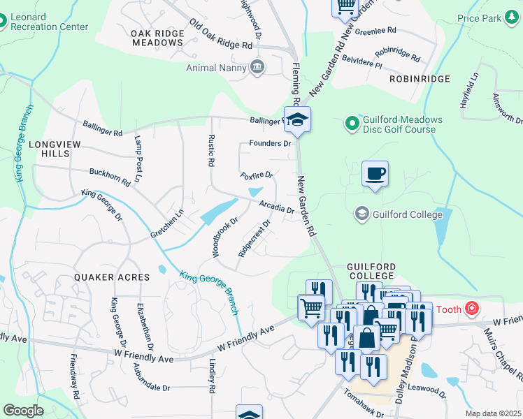 map of restaurants, bars, coffee shops, grocery stores, and more near 5907 Arcadia Drive in Greensboro