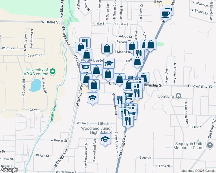 map of restaurants, bars, coffee shops, grocery stores, and more near 57 East Township Street in Fayetteville