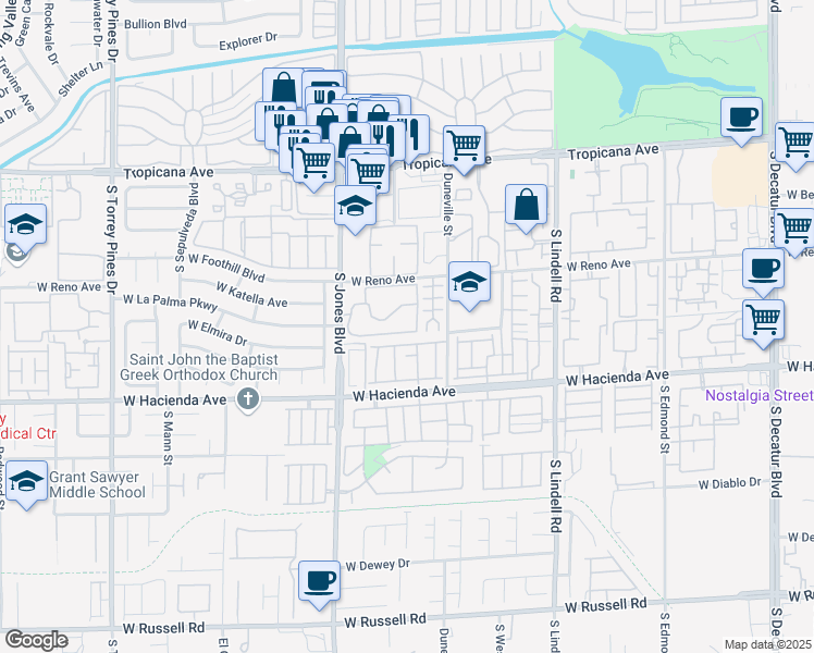 map of restaurants, bars, coffee shops, grocery stores, and more near 5130 South Jones Boulevard in Las Vegas