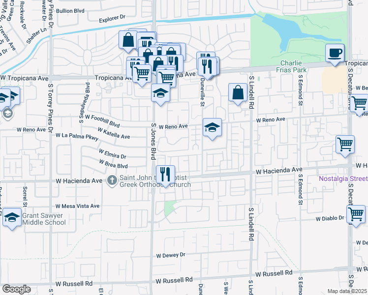 map of restaurants, bars, coffee shops, grocery stores, and more near 5130 South Jones Boulevard in Las Vegas