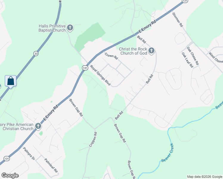 map of restaurants, bars, coffee shops, grocery stores, and more near 7317 Royal Springs Boulevard in Knoxville