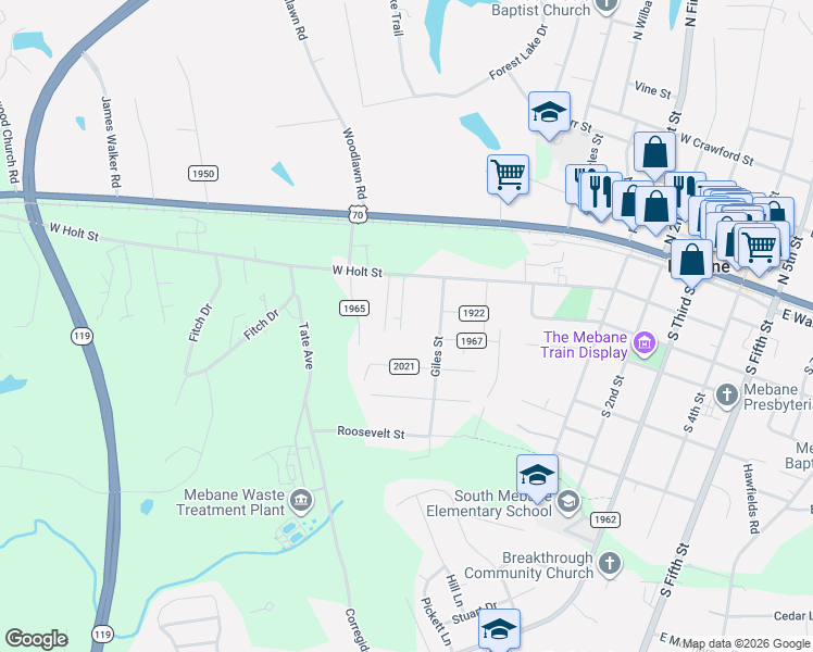 map of restaurants, bars, coffee shops, grocery stores, and more near 213 West Street in Mebane