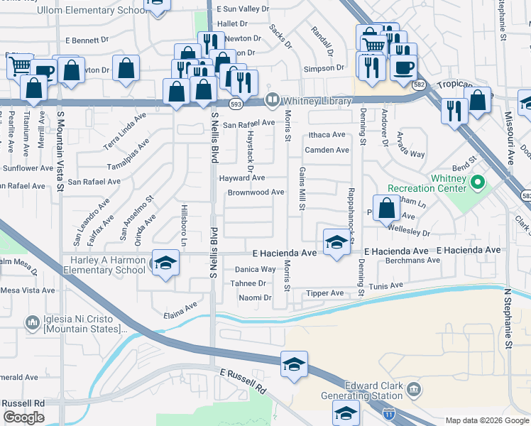 map of restaurants, bars, coffee shops, grocery stores, and more near 5154 Myrtlewood Avenue in Las Vegas