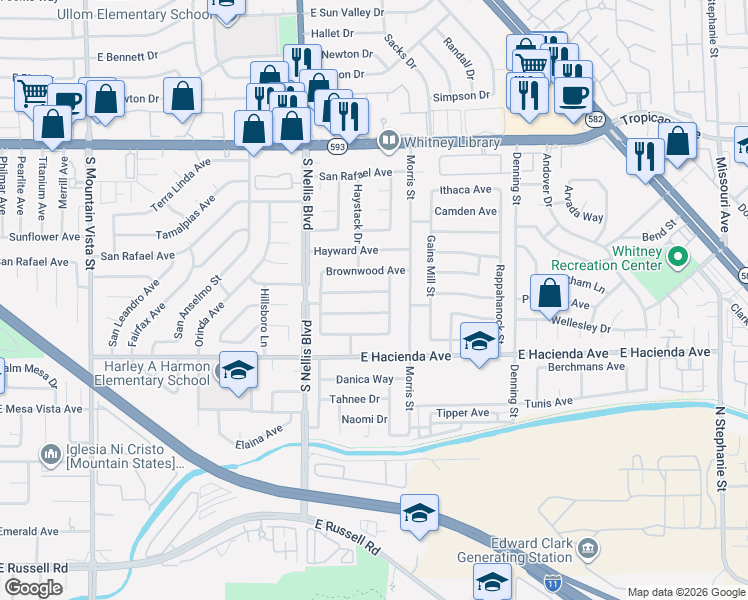map of restaurants, bars, coffee shops, grocery stores, and more near 5154 Myrtlewood Avenue in Las Vegas