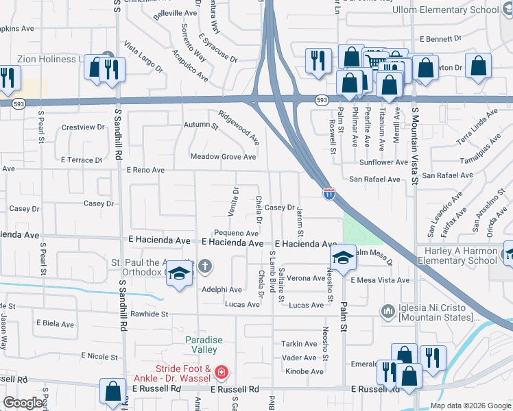 map of restaurants, bars, coffee shops, grocery stores, and more near 4160 Chela Court in Las Vegas
