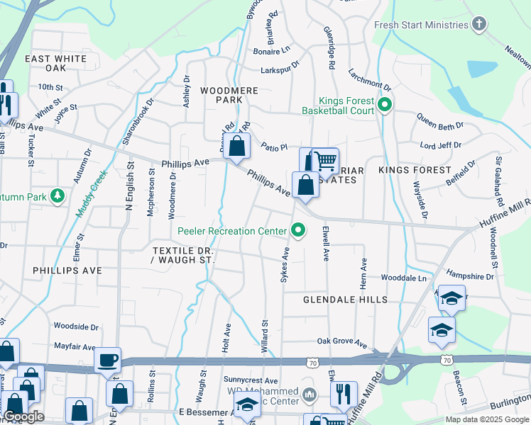 map of restaurants, bars, coffee shops, grocery stores, and more near 1309 Willard Street in Greensboro