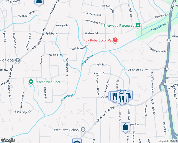 map of restaurants, bars, coffee shops, grocery stores, and more near 519 Kyle Road in Winston-Salem