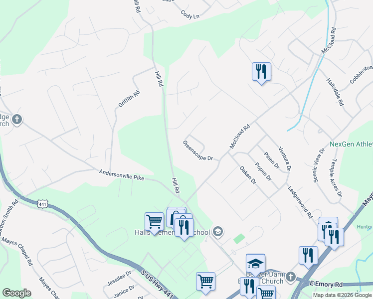 map of restaurants, bars, coffee shops, grocery stores, and more near 7711 Greenscape Drive in Knoxville