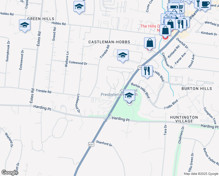 map of restaurants, bars, coffee shops, grocery stores, and more near 301 Summit Ridge Circle in Nashville