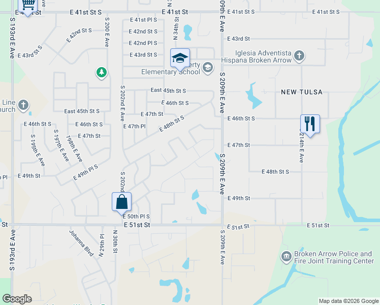 map of restaurants, bars, coffee shops, grocery stores, and more near 3526 East Sandusky Street in Broken Arrow