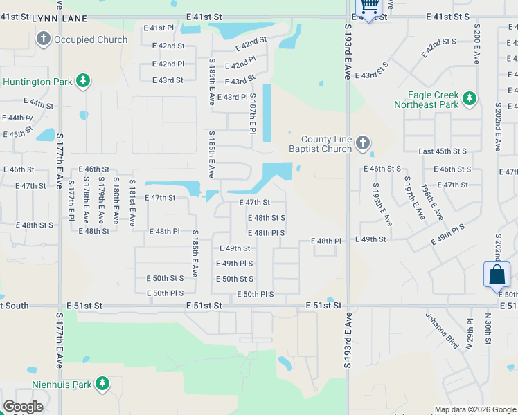 map of restaurants, bars, coffee shops, grocery stores, and more near 18807 East 48th Street South in Tulsa