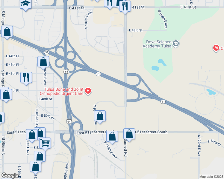 map of restaurants, bars, coffee shops, grocery stores, and more near 4700 South Garnett Road in Tulsa