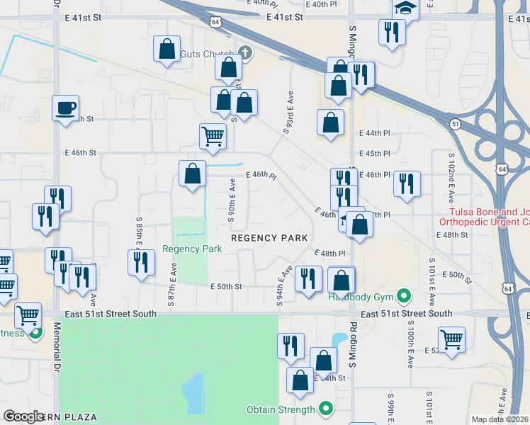 map of restaurants, bars, coffee shops, grocery stores, and more near 9123 East 48th Street in Tulsa
