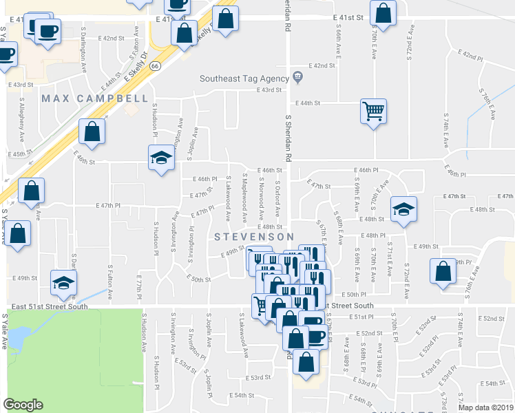 map of restaurants, bars, coffee shops, grocery stores, and more near 4669 South Maplewood Avenue in Tulsa