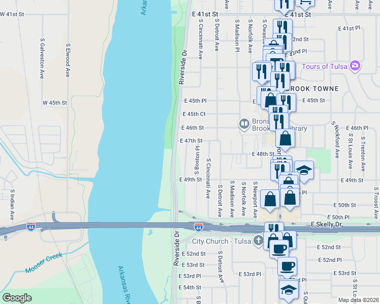 map of restaurants, bars, coffee shops, grocery stores, and more near 4731 South Boston Avenue in Tulsa