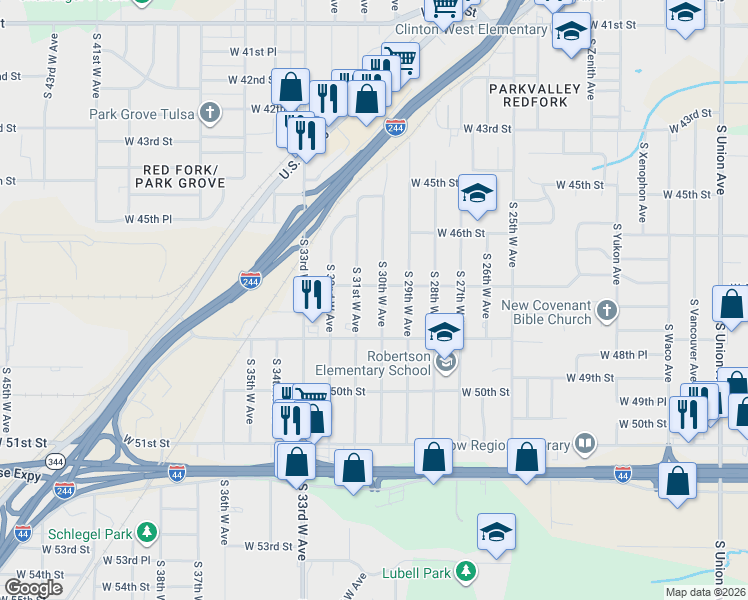 map of restaurants, bars, coffee shops, grocery stores, and more near 4723 South 31st West Avenue in Tulsa