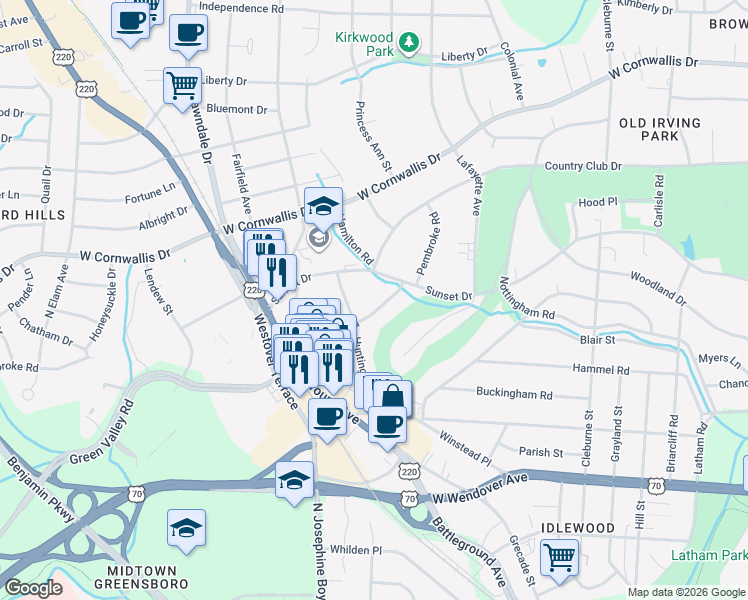 map of restaurants, bars, coffee shops, grocery stores, and more near 1908 Pembroke Road in Greensboro