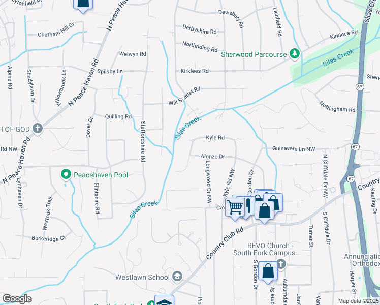 map of restaurants, bars, coffee shops, grocery stores, and more near 519 Kyle Road in Winston-Salem
