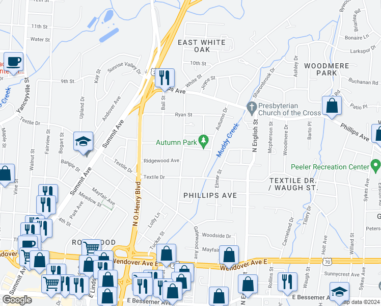 map of restaurants, bars, coffee shops, grocery stores, and more near 1708 Brighton Street in Greensboro