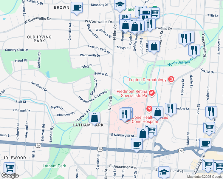 map of restaurants, bars, coffee shops, grocery stores, and more near 104 Sunset Circle in Greensboro