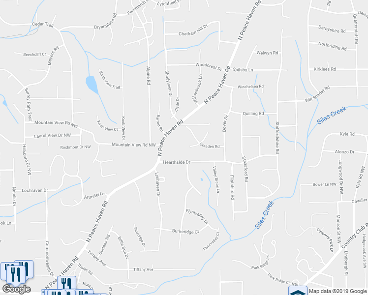 map of restaurants, bars, coffee shops, grocery stores, and more near 500 Hedgewood Place in Winston-Salem