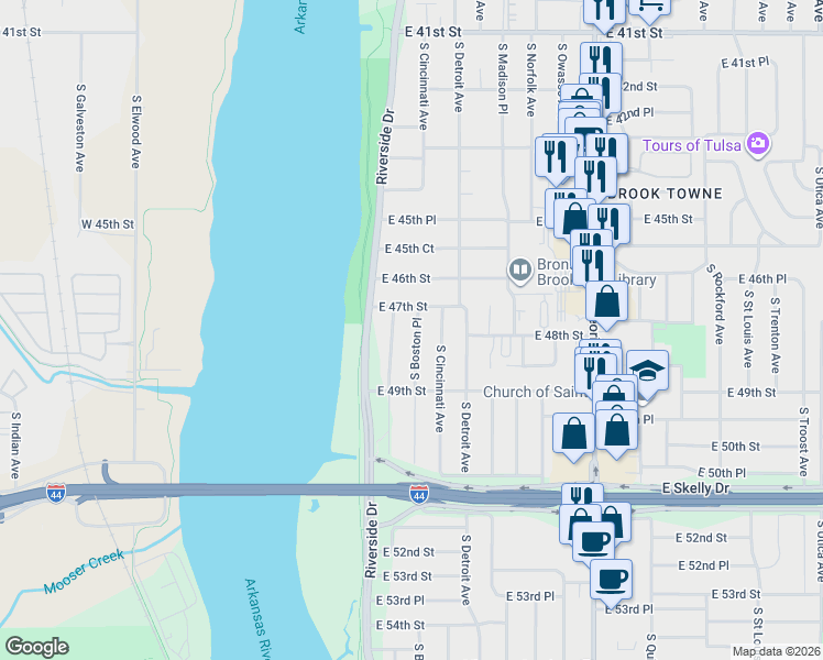 map of restaurants, bars, coffee shops, grocery stores, and more near 4731 South Boston Avenue in Tulsa