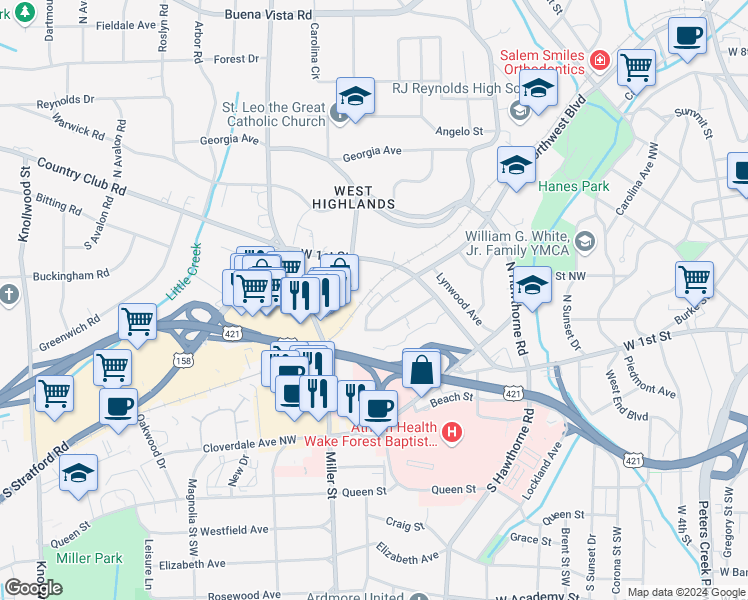 map of restaurants, bars, coffee shops, grocery stores, and more near 1641 Northwest Boulevard in Winston-Salem