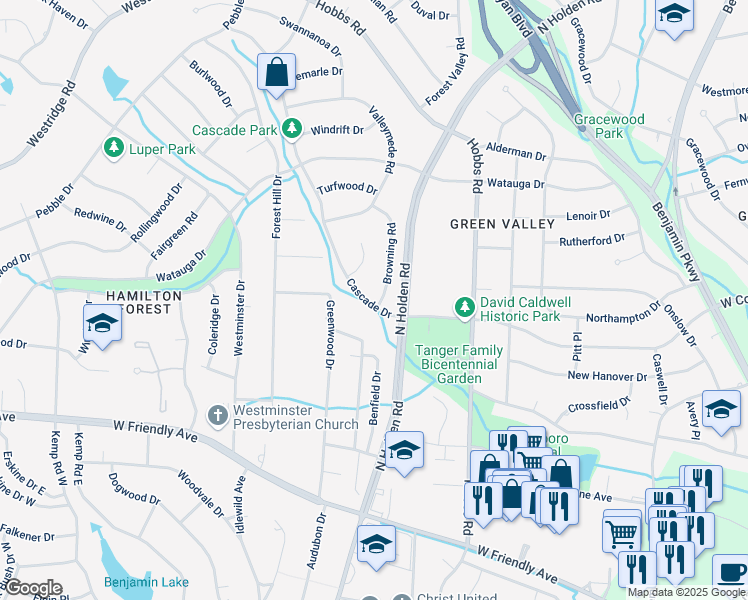 map of restaurants, bars, coffee shops, grocery stores, and more near 3300 Cascade Drive in Greensboro