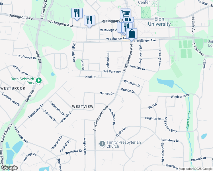 map of restaurants, bars, coffee shops, grocery stores, and more near 412 South Williamson Avenue in Elon