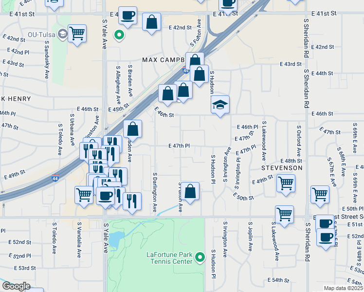 map of restaurants, bars, coffee shops, grocery stores, and more near 5533 East 47th Place in Tulsa