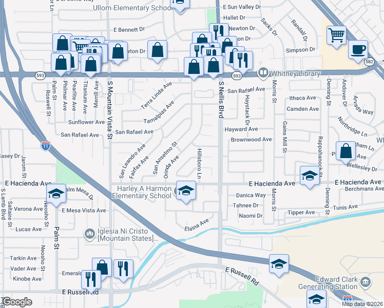 map of restaurants, bars, coffee shops, grocery stores, and more near 5155 Saratoga Drive in Las Vegas