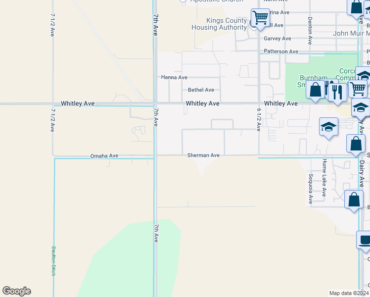 map of restaurants, bars, coffee shops, grocery stores, and more near 2744 Sherman Avenue in Corcoran