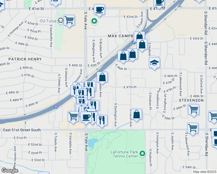 map of restaurants, bars, coffee shops, grocery stores, and more near 5202 East 47th Place in Tulsa