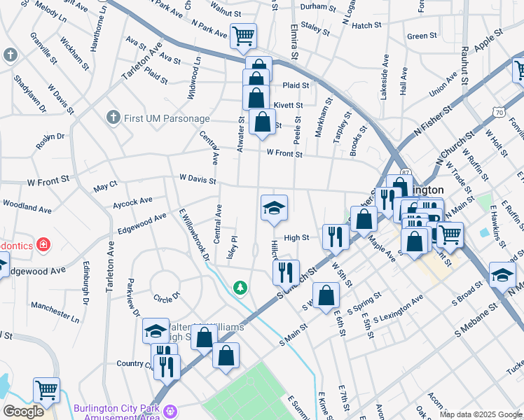 map of restaurants, bars, coffee shops, grocery stores, and more near 613 Fountain Place in Burlington