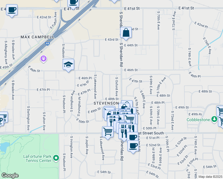 map of restaurants, bars, coffee shops, grocery stores, and more near 4651 South Norwood Avenue in Tulsa