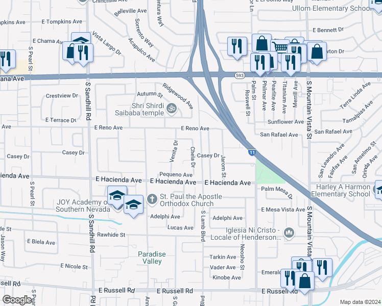map of restaurants, bars, coffee shops, grocery stores, and more near 4163 Chela Circle in Las Vegas