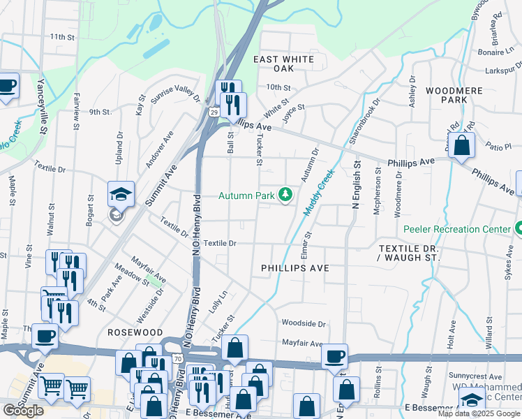 map of restaurants, bars, coffee shops, grocery stores, and more near 1508 Tucker Street in Greensboro