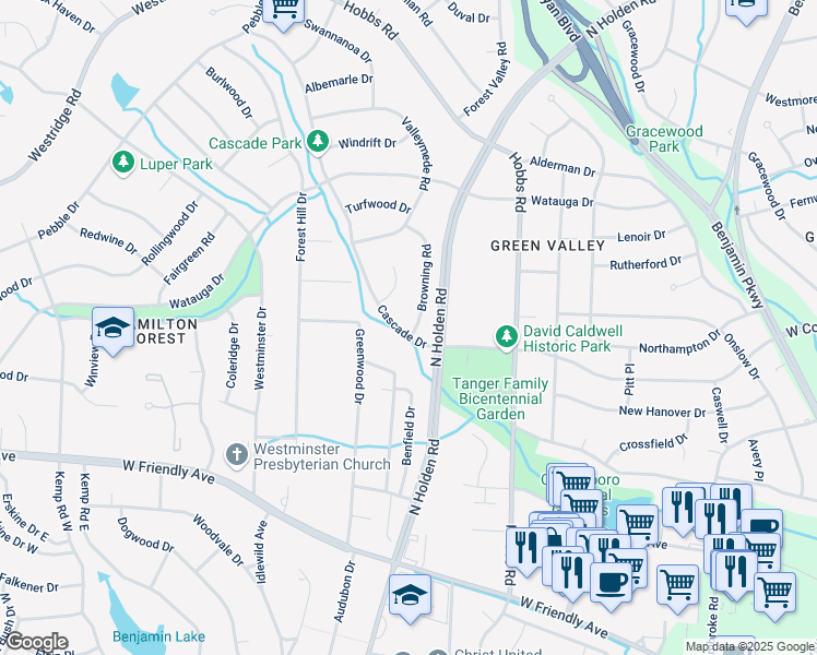 map of restaurants, bars, coffee shops, grocery stores, and more near 3300 Cascade Drive in Greensboro