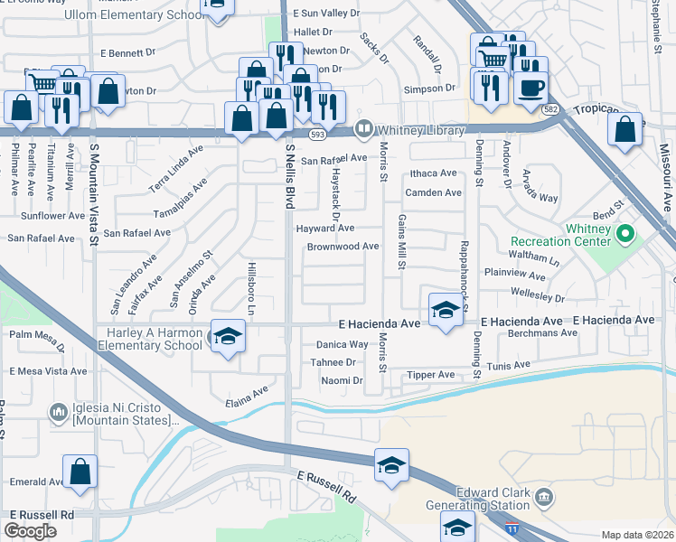 map of restaurants, bars, coffee shops, grocery stores, and more near 5086 Myrtlewood Avenue in Las Vegas